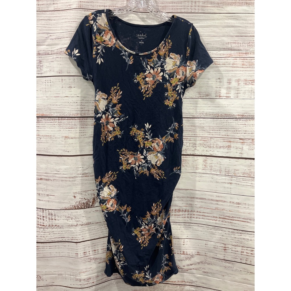 Isabel Maternity Navy Blue Floral Side Ruched Short Sleeve T-Shirt Dress Size M